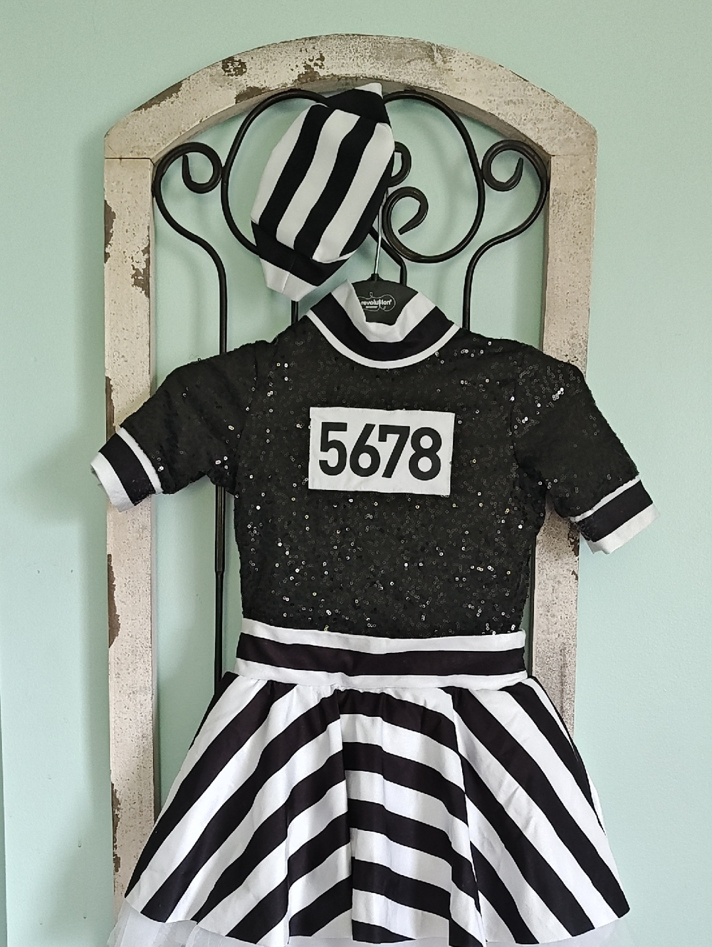 Revolution Black and White Striped Sequin Prisoner Jailbird Costume with Hat